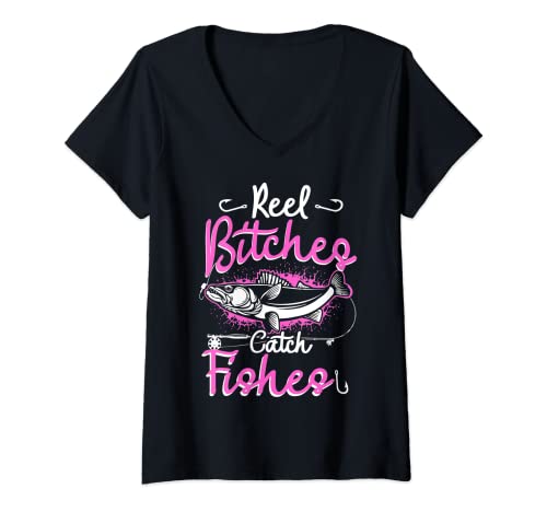 Womens Reel Bitches Catch Fishes Womens Funny Fly Fishing Pink Fish V-Neck T-Shirt