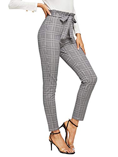 WDIRARA Women s Stretchy Plaid Print Pants Soft Skinny Regular Fashion Leggings Elastic Light Grey S