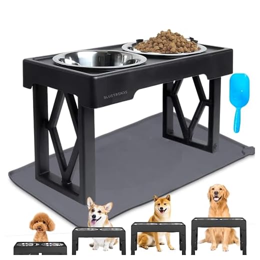 BLUETRENDS Comedero Elevado para Perros 3 Niveles y 2 Cuencos Extraíbles de Acero Inoxidable Alfombra Silicona incluida Alimentador para Mascotas Alimento y Agua, pienso,Comida