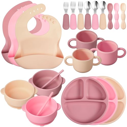 Image of 24 Pack Silicone Baby Feeding Set Baby LED Weaning Supplies Includes Suction Divided Plates Soft Bowl Spoons Forks Adjustable Bib Snack Cup and Straws(Pink, Dark Pink, Nude)
