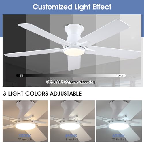 Image of 52 inchModern White Low Profile Flush Mount Ceiling Fans with Light and Remote | Supports Remote and APP, 6 Wind Speeds, Reversible, Dimmable 3 Light Colors LED Light, Noiseless 30W DC Motor,2H Timer