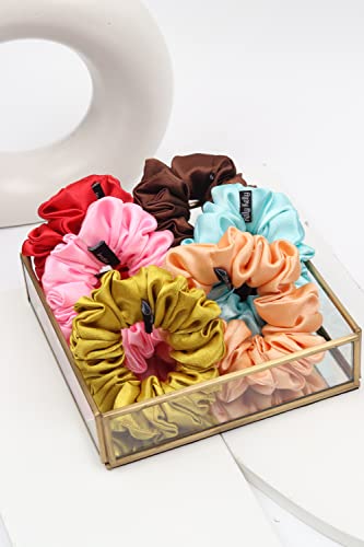 Image of Premium Satin Scrunchies for Women | Hair Bands, Ponytail Holders & Rubber Bands | Fluffy, No-Damage Hair Ties | Girls Hair Accessories | Medium Size | Pack of 6