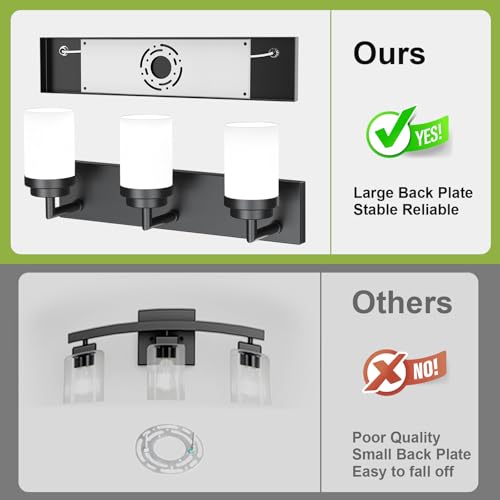 Image of Bathroom Light Fixtures, Matte Black Bathroom Lighting Fixtures Over Mirror, Modern Vanity Light with White Glass Shade, Restroom Lighting Fixtures, 3-Light 22-inch