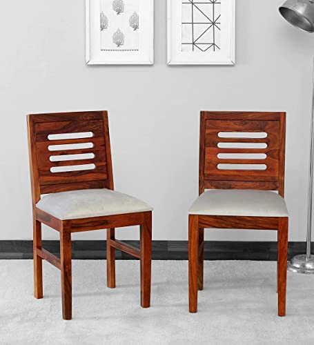 Image of Solid Sheesham Wood Urban Dining Chairs with Cushion Seat Set of Two for Dining Room | Study Room | Finish Color - Teak Finish |