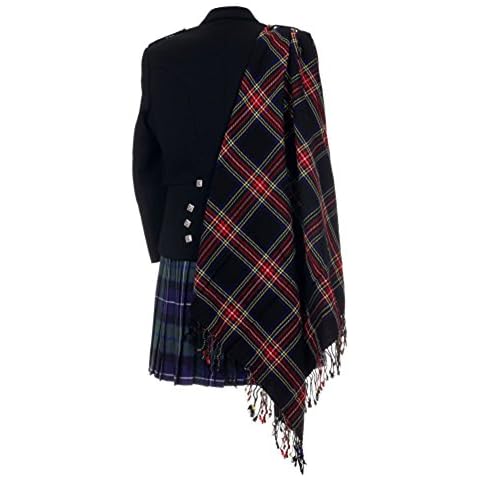 The Scotland Kilt Company Tartan Scottish Purled Fringe Budget Fly Plaid in Black Stewart - Lightweight, Soft, Casual Machine Washable Plaid Shawl Cover