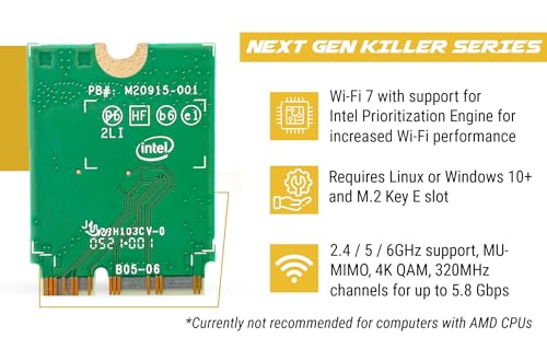 Image of Intel BE1750x Killer Series Upgraded BE200 WiFi 7 Card | Gaming WiFi Adapter | M.2 PCIe WiFi Card | 5.8 Gbps 320MHz 4K QAM | Supports Bluetooth 5.4 & Intel PC with Windows 10 /11