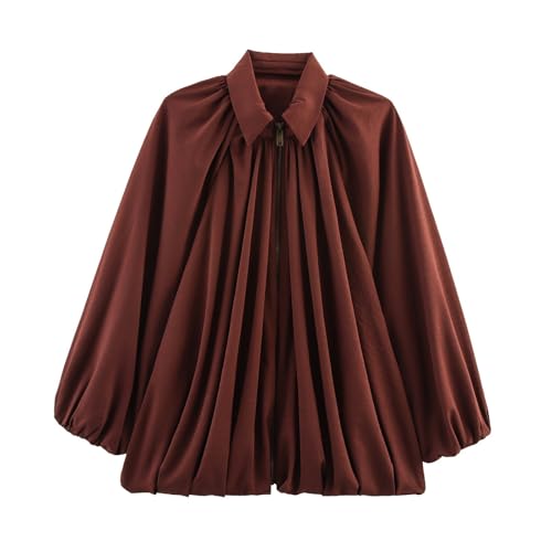 FONMA Womens Puffed Bomber Jacket Casual Batwing Sleeve Lapel Collar Zip Shirts Oversized Streetwear Pleated Jackets