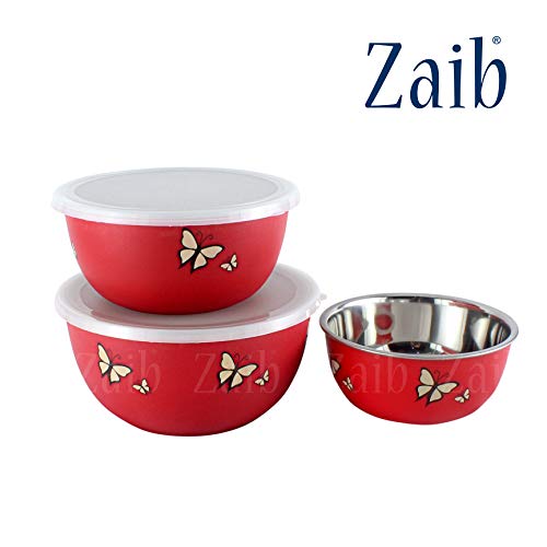 Image of Zaib Stainless Steel Microwave Safe Euro Mixing Bowl Set with Lid | Pack of 3 (14cm,16cm,18cm) | 500ml, 750ml, 1250ml | Snap-Fit White Lid (Red Butterfly 3)