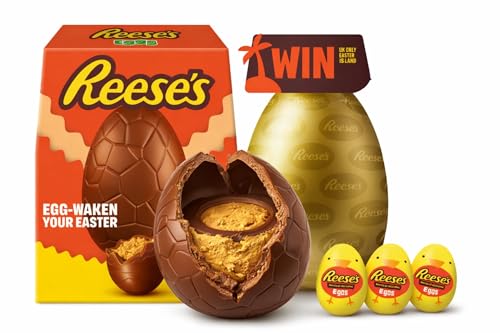 Reeses Milk Chocolate & Peanut Butter Hollow Extra Large Easter Egg Includes 1 Extra Large Egg & 3 Reeses Creme Eggs Perfect For Easter Egg Hunt Great Gift For Kids & Adults School Offices