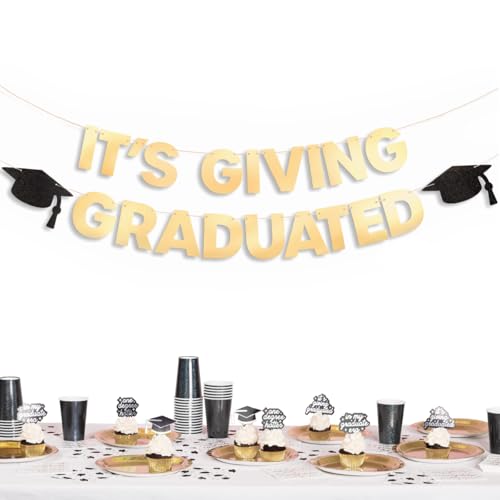 xo, Fetti It's Giving Graduated Banner - Gold Foil | 6 Ft. | Graduation Decorations, Grad Cap Sign, College Ceremony Sign, High School Party Photoshoot Backdrop
