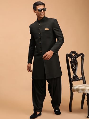 Image of VASTRAMAY Men Bangalori Silk Indo Western Sherwani with Patiala | Straight Cut Slim Fit Ethnic Wear | Mandarin Collar Wedding Outfit