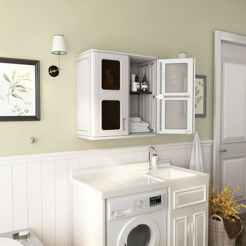 Image of KINYING Outdoor Storage Cabinet Waterproof,Resin Garage and Laundry Room Wall Mounted Cabinets,Outdoor Storage Box with Doors and Shelves,White