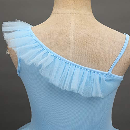 Toddler Kids Girls Sequins Ruffle One Shoulder Ballet Dance Dress Tutu Skirted Leotard Glitter Shiny Camisole Ballerina Dancewear Gymnastics Stage Performance Costume Blue 5-6 Years #TOP6