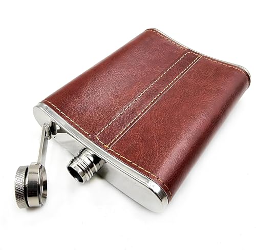 Image of JWPM Stainless Steel Hip Flask with Funnel 8 Oz (236 ml) I Stitched PU Leather Cladding with Metal Plate Design Whiskey Flask I Unisex Alcoholic Drinks Holder Pocket Bottle (JWP Maroon+Funnel)