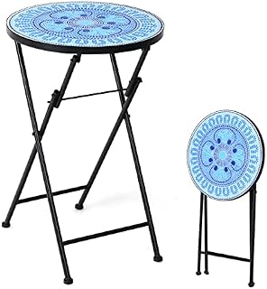 COSTWAY Folding Mosaic Side Table, 36cm Round Coffee End Table with Ceramic Tile Top & Non-slip Foot Mat, Indoor Outdoor Plant Stand for Living Room Patio Courtyard (Folding, Blue Four Leaf Clover)