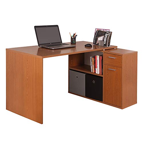 RICOO Eckschreibtisch mit Stauraum Eiche Rustikal Dunkelbraun WM083-ER L Form Schreibtisch mit Schubladen 136x101x75 cm Computertisch Bürotisch PC Tisch Ecke Winkelschreibtisch Schreibtische Holz