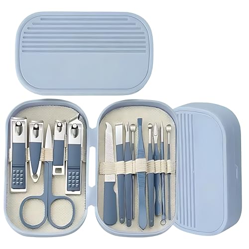 YOMITH Manicure Set, Nail Clippers Set, High-Carbon Steel Nail Care Kit, Portable Travel Mini Nail Cutter Kit with Box, Nail Grooming Kit with Earpick Set for Men Women (BLUE, 14 PCS)