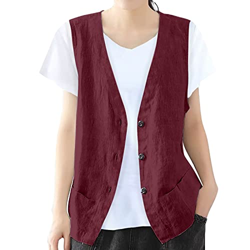 COTECRAM Cotton Linen Vest for Women 2023 Casual Sleeveless Button Down Jacket Lightweight Summer Loose Vests Outerwear