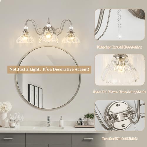 Image of Brushed Nickel Bathroom Vanity Light, 3-Light Nickel Finish Wall Sconce with Hanging Crystal Accents and Flower-Shaped Clear Glass Shades, Modern Wall Mount Vanity Light Over Mirror for Bathroom