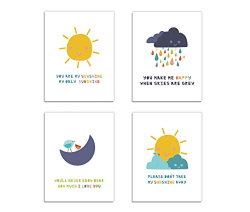 You Are My Sunshine Nursery Decor Set of Four 11x14" Unframed Prints, Nursery Prints for Baby Nurseries, Bedrooms, Playrooms, or Classrooms Nursery Rhyme Kids Art, Perfect Baby Shower Gift