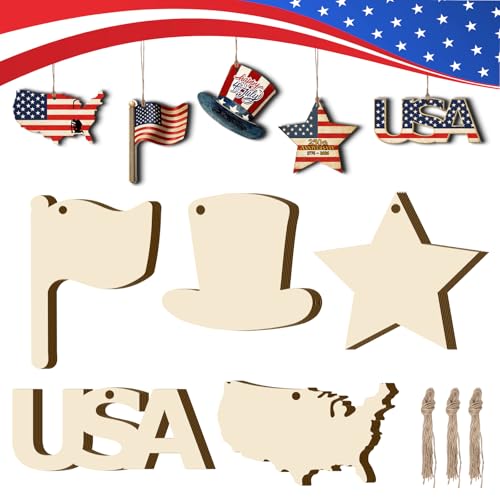 30Pcs Patriotic July of 4th Independence Day Unfinished Wooden Gift Ornaments DIY Craft Activity Paintable Blank Cutouts Hanging Wood Slices for Memorial Day Classroom Art Crafts Party Supplies