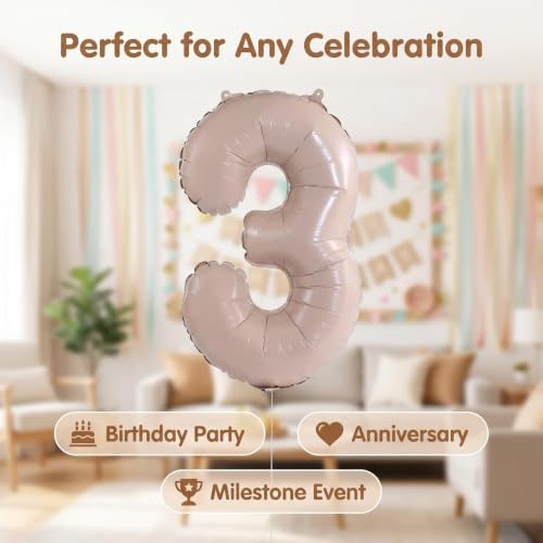 Image of YPSelected 32 Inch Large Foil Helium Number Balloon Birthday Wedding Party 0-9 (Cream, 3)