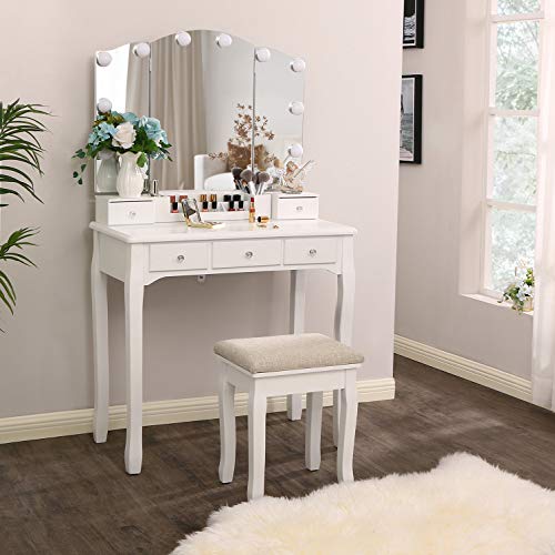 Bewishome Vanity Set With Lighted Mirror, Makeup Vanity With Tri-Folding Mirror 10 Led Bulbs, White Vanity Desk Vanity Table With 5 Drawers 2 Diy Dividers, Cushioned Stool, Movable Organizer Fst09W #TOP1