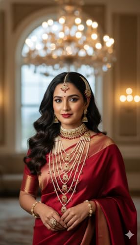 Image of TAZAKKA satlada traditional indian seven stand pearl necklace mughal hisporicall with jadavi earrings side jhumar maang tikka 5pies set