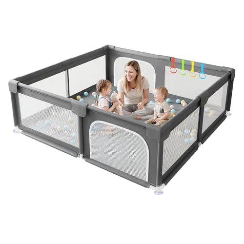 KAVELLIN Parque Infantil Bebé, 180x200cm Corralito Bebe, Parque de Juegos Bebe con Malla Transpirable, Parque de Bebe Plegable + 50 Bolas +4 Pull Rings+ Bolsas de Transporte