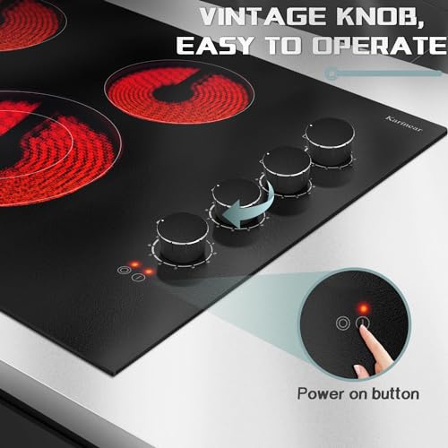 Image of Karinear 30 Inch Electric Cooktop 4 Burners, Knob Control Ceramic Cooktop | 30 inch Radiant Electric Stove Top, Glass Protection Metal Frame,Hot Surface Indicator, 220-240V, HardWire, No Plug, Black Knob
