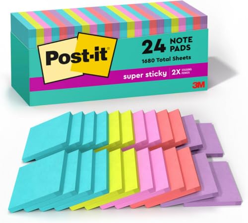 Image of Post-it Super Sticky Notes, 24 Sticky Note Pads, 3 x 3 in., Ideal for Organization in Your Dorm, Home or Office, 2X The Sticking Power, Supernova Neons Collection (Pack of 8)