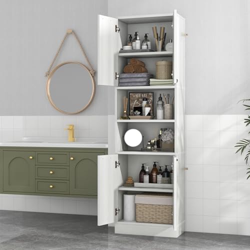 GIANTEX Armario Alto de Baño, 56 x 30 x 190 cm, Mueble de Almacenamiento con 4 Puertas y 2 Compartimentos Abiertos, con Kit Antivuelco, Organizador con 6 Estantes para Baño, Cocina (Roble Blanco) - imagen 9