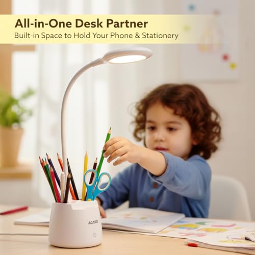 Image of AGARO Regency Study Table Lamp, 5W LED Desk Light, Rechargeable USB Type-C, Touch Control, 3 Different Bright Modes, 360 Rotating Flexible Gooseneck, Pen Holder & Mobile Stand, for Study & Bed Room