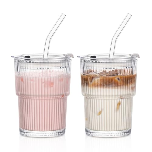 INSETLAN 380ml Glass Tumbler with Lid and Straw 2 Pack - Ribbed Glass Cup Iced Coffee Glasses Clear Leakproof Tumbler Cup for Smoothies Iced Latte Matcha Cold Drinks (2)