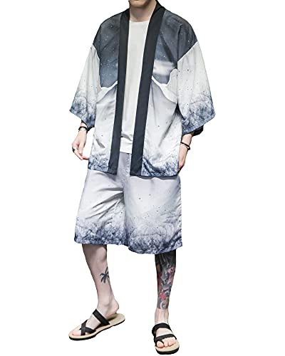PRIJOUHE Conjunto de kimono de estilo japonés para hombre, ligero, casual, siete mangas, frente abierto, cárdigan y pantalones cortos, White1-51, Small