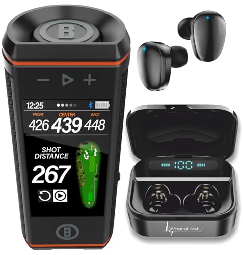 Image of Bushnell Wingman HD View Golf Speaker, 3.5 inch Touchscreen, GPS Distances, Premium 360 Audio, Waterproof Design, Magnetic Cart Mount with Wearable4U Black Earbuds Bundle