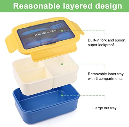 Coolzon Bento Box Lunch Box Adults Kids,1400ML Lunch Box for Boys Girls with 3 Compartments, BPA Free Plastic Lunch Box BMeal Prep Container with Spoon and Fork,Blue and Yellow