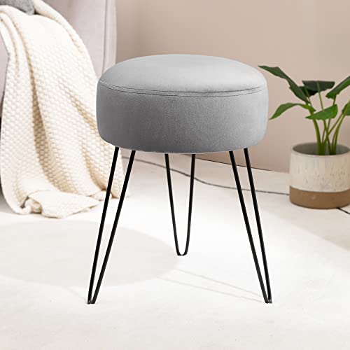 LUE BONA Reposapiés de terciopelo redondo, silla para tocador de maquillaje, otomana acolchada con patas de metal de apoyo, gris