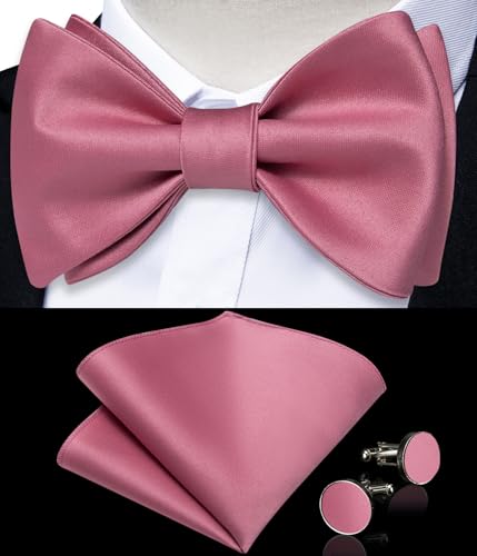 Image of DiBanGu Solid Color Bow Ties for Men Formal Satin Self Tied Bowtie with Lapel Pin Pocket Square Cufflinks for Wedding Party