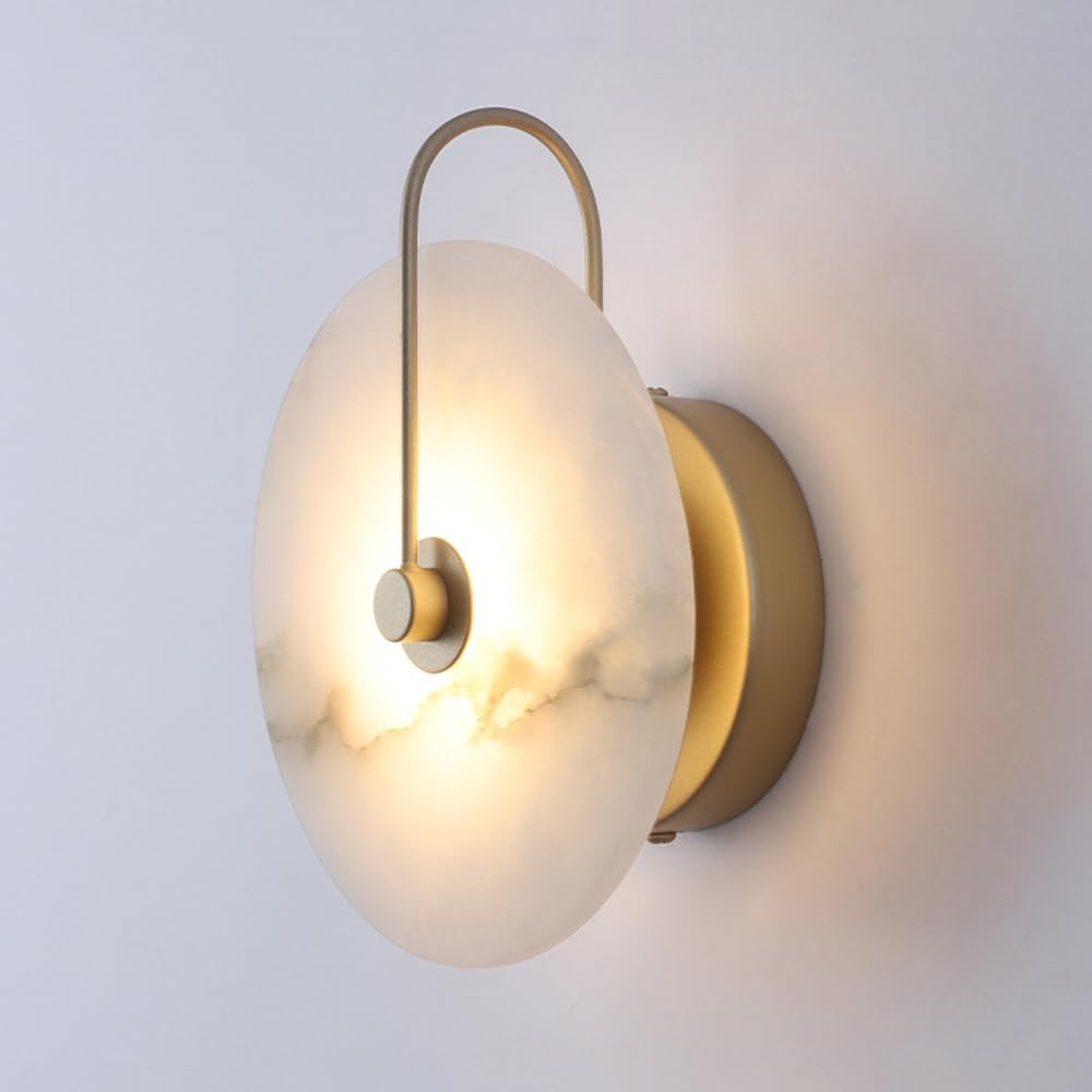 Nordic Style Black Alabaster Wall Sconce, Natural Round 9.8in Marble Wall Light, 6W 3000K Warm Light Indoor Ceiling Light, Bedroom Study Living Room Home Decoration