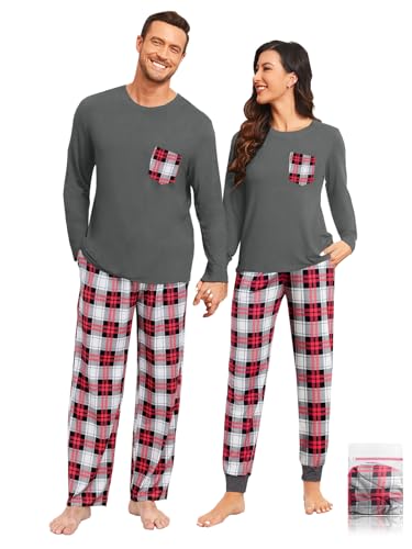 Matching Couple Pajamas Buffalo Plaid Christmas Pjs with Pockets Modal Long Sleeve Sleepwear Deep Grey Plaid L