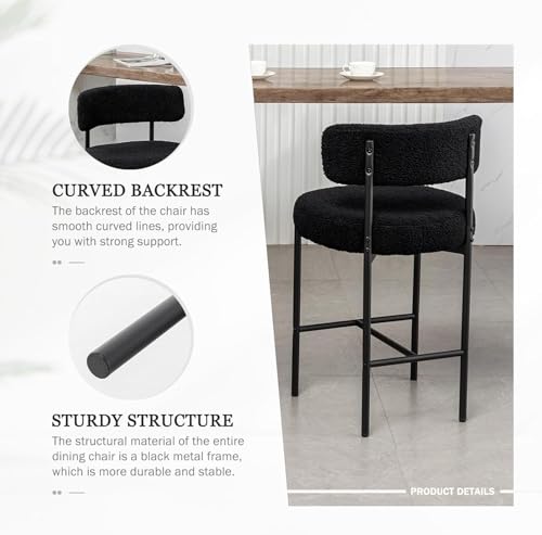 Image of Cinxzar Boucle Bar Stools Set of 2, Black Counter Height Bar Stools with Backs, Modern Barstools for Kitchen Island, Pub, Club