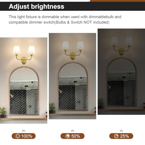 Image of Bathroom Vanity Light, Brushed Gold Bathroom Lighting Fixtures Over Mirror | 2-Light Bathroom Light Fixtures with Flared White Fabric Shade, E26 Socket (ETL Listed)