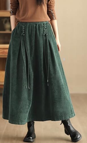 chouyatou Women's Fall Winter Tie Knot Elastic High Waist A Line Corduroy Long Midi Skirt with Pockets4