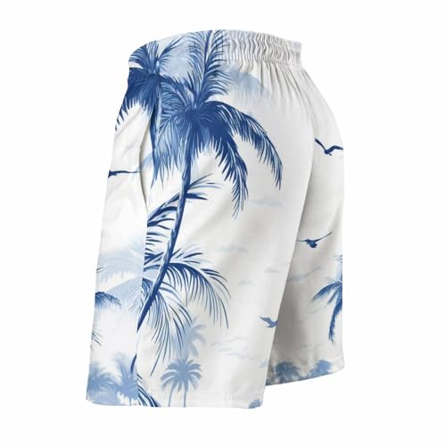 Men Drawstring Elastic Waist Swim Trunks Dark Palm Pattern Beach Board Shorts3