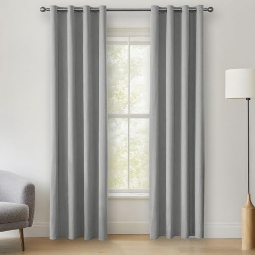 La Mejor Lista de Cortinas drapeadas - los preferidos. 50 HONGHCL Cortinas Blackout Lino para Recamara - 100% Cortinas Blackout para Sala, con Ojales, Aislamiento Térmico y Acústico, 2 Paneles (Gris, 132 * 213cm)