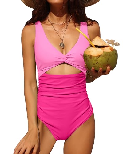 Charmo Womens One Piece Swimsuit Tummy Control Bathing Suits Pink Small