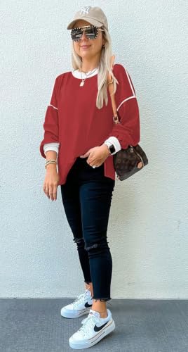 Image of Womens Sweaters Causal Crewneck Batwing Sleeve Knit Top Side Split Oversized Pullover Sweater Loose Jumper