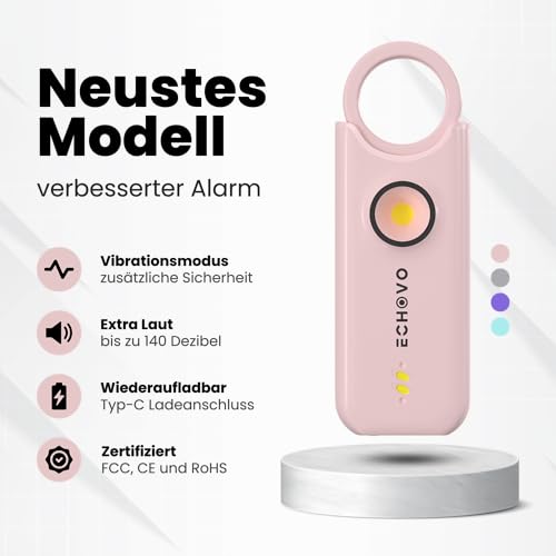 ECHOVO Taschenalarm 140 dB mit LED - Selbstverteidigung für Frauen & Kinder, Schlüsselanhänger mit Alarm, sehr laut Schrillalarm, Handsirene, Abwehr & Selbstschutz für unterwegs zur Sicherheit (Pink)