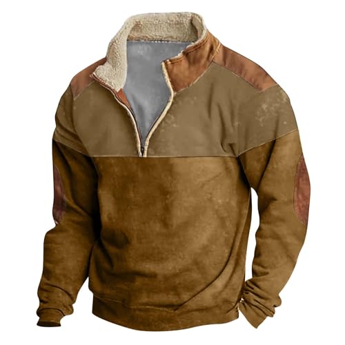 Men's Quarter Zipper Sherpa Sweatshirts 2025 Thermal Warm Sweater 1/4 Zip Stand Collar Cowboy Print Tactical Jacket